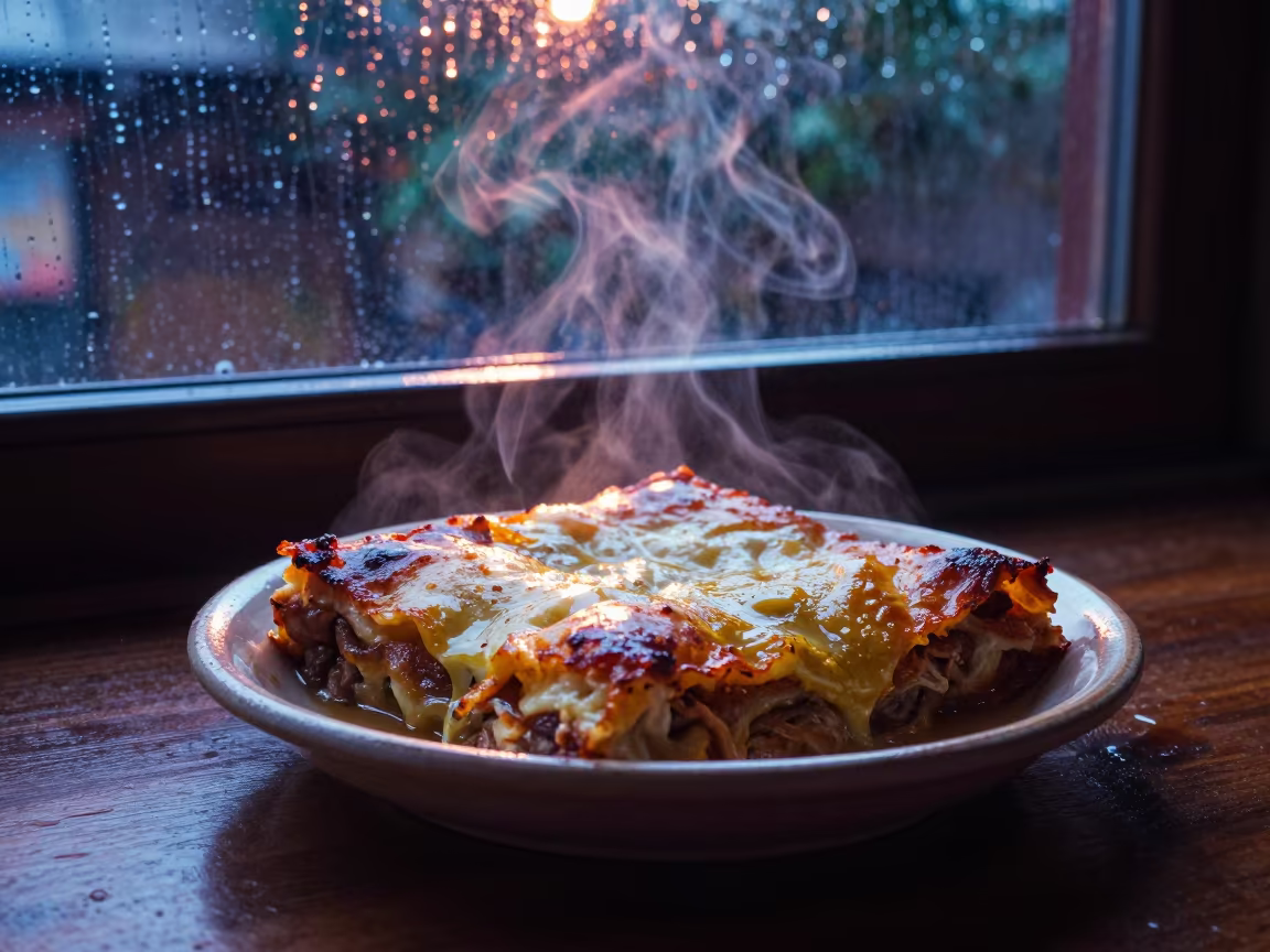Neon Lit Moussaka Plate in Rainy Nizamabad in on a ceramic plate by a window in Nizamabad
