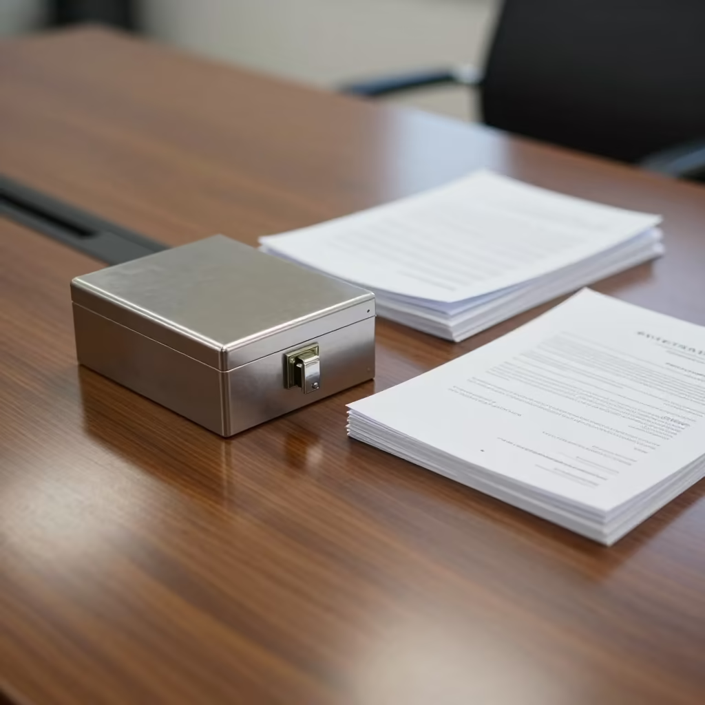 Neon Lit Notary Lockbox On Boardroom Table in at a boardroom table before a meeting in Ashgabat