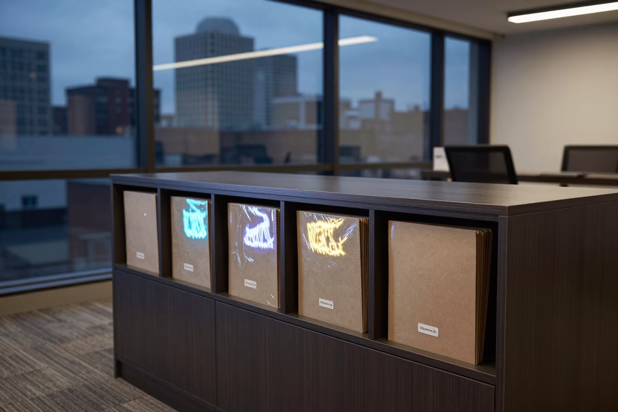 Neon Lit Office Credenza with City Night View in inside a coworking floor in Spanish Town