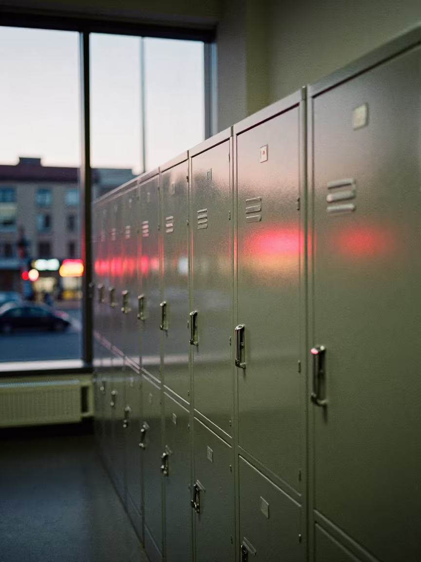 Neon Lit Office Locker Bank Near Cluj Reception in at an office reception desk near Cluj-Napoca