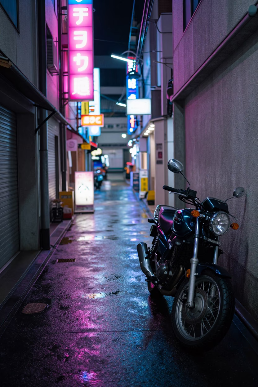 Neon-lit Osaka alleyway at night with motorcycle parked under striped flyover shadows in in Osaka, Japan
