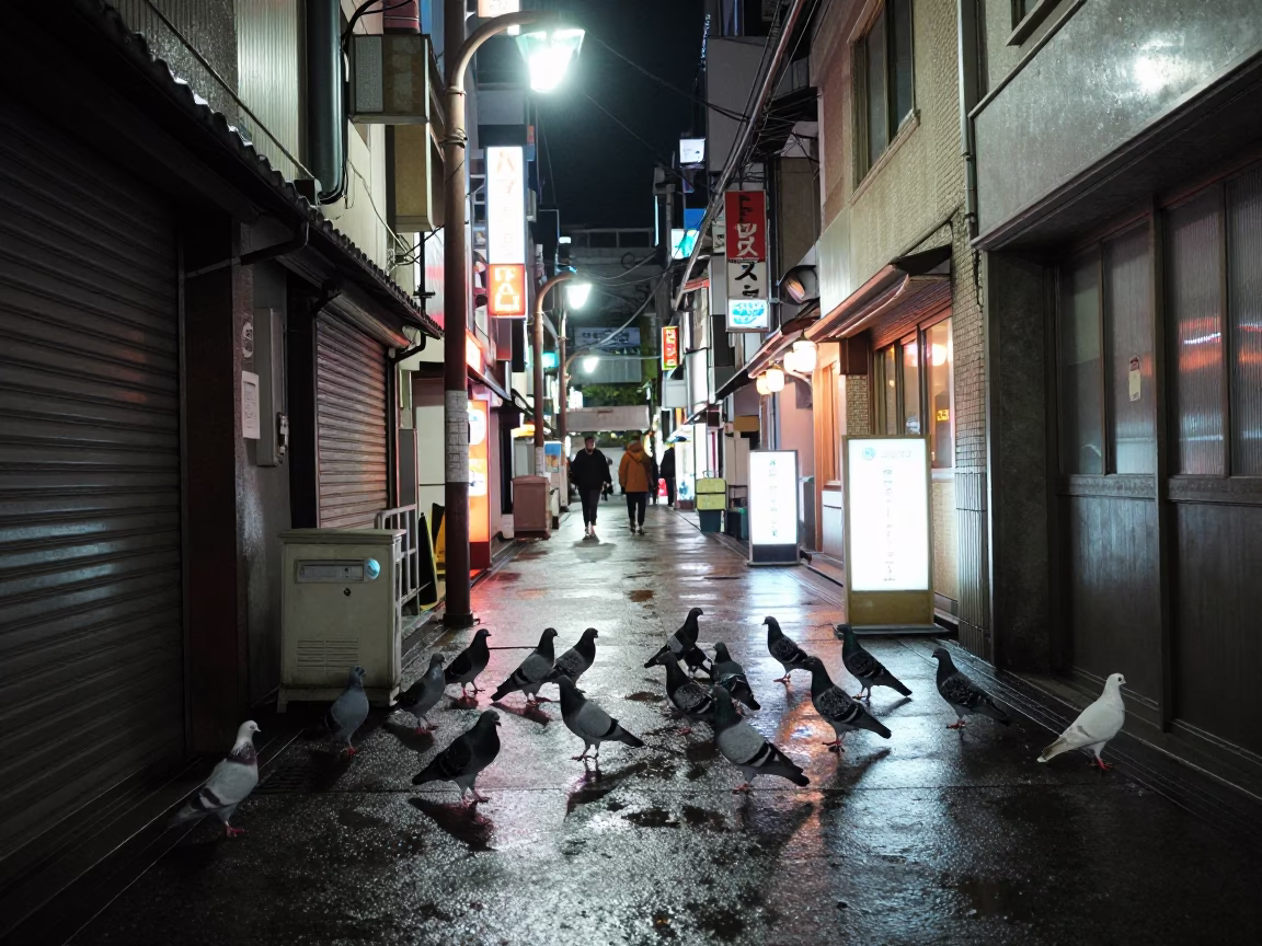 Neon-lit Osaka alleyway at night with pigeons and wet pavement reflections in in Osaka, Japan