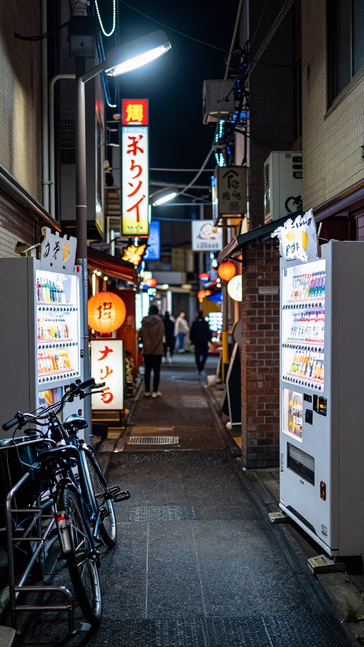 Neon-lit Osaka alleyway at night with vending machines and bicycle racks in in Osaka, Japan