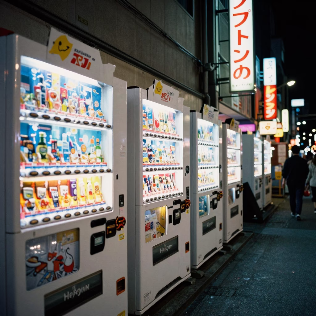 Neon-lit Osaka midnight street scene with vending machines and wet pavement reflections in in Osaka, Japan