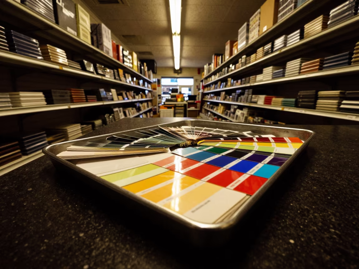 Neon Lit Paint Chip Tray at Night Reset in inside a retail floor display area near Boston