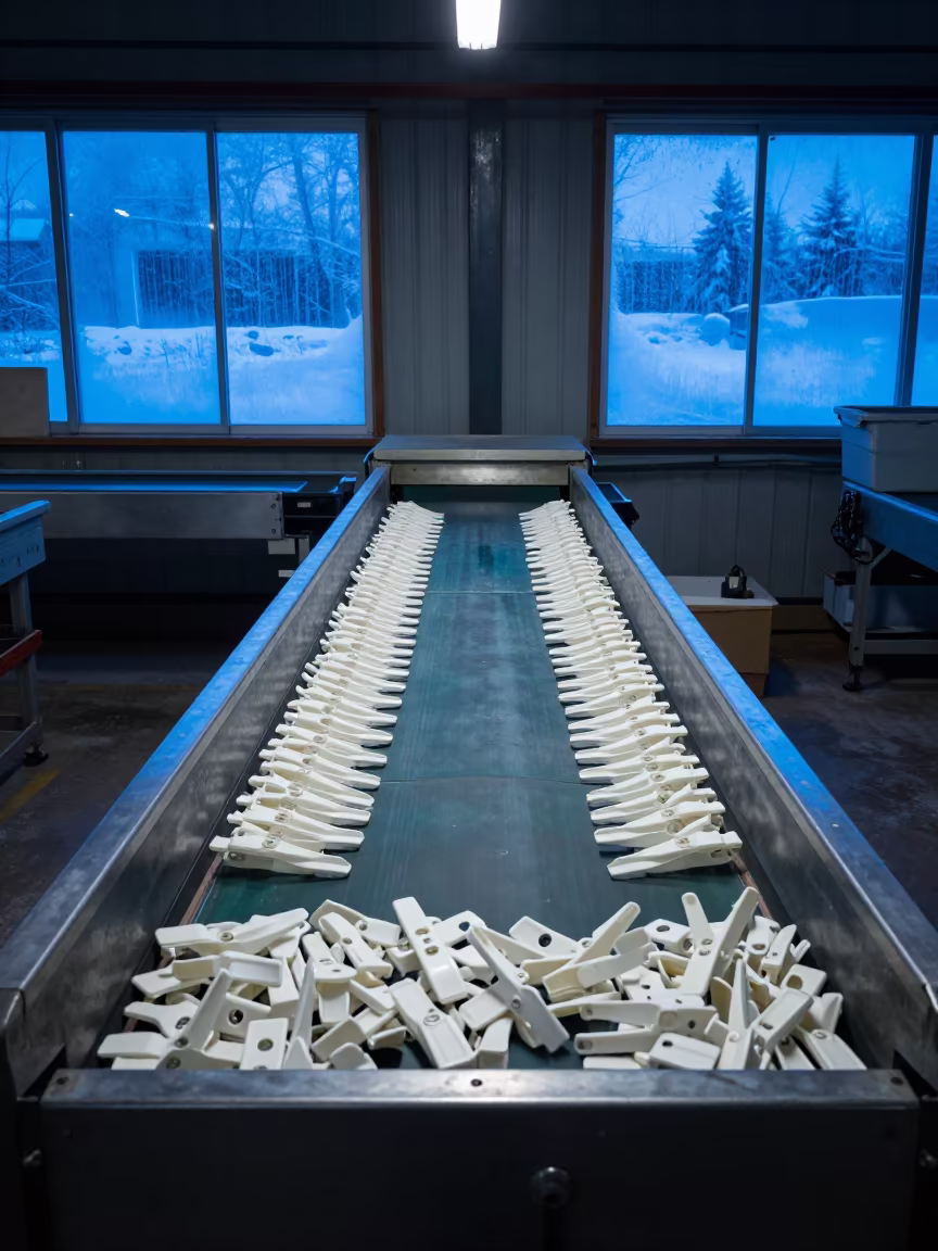 Neon Lit Pallet Clip Bin Winter Warehouse in at a parcel sorting belt in Rochester
