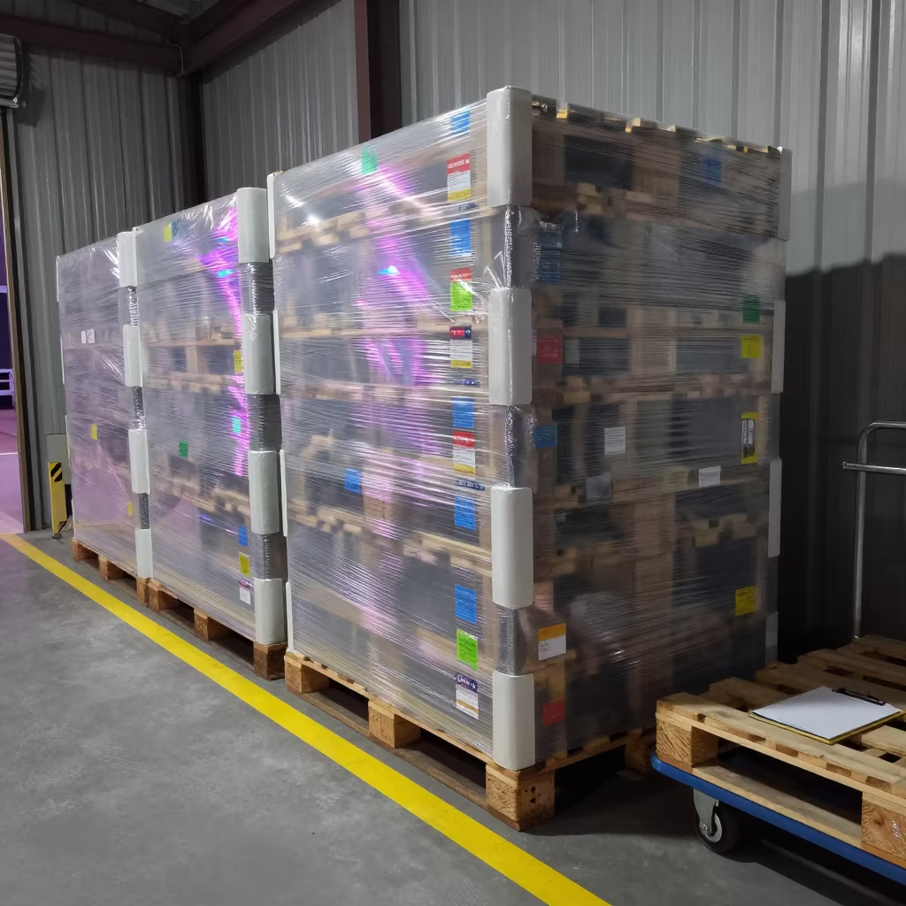 Neon-lit pallet lane before dawn in inside a cross-dock lane near Nyíregyháza