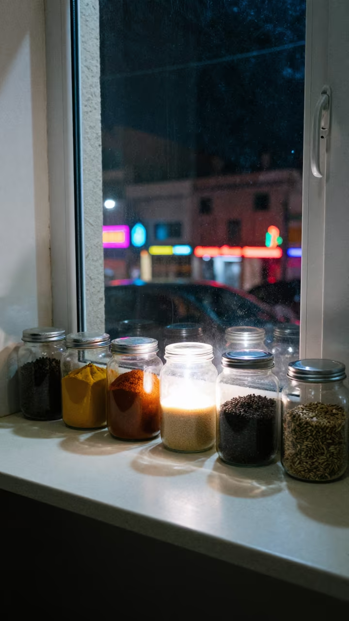 Neon Lit Pantry Jars on Basra Window Seat in on a window seat in Basra