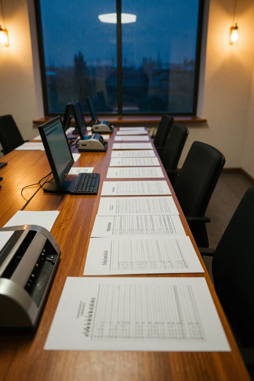 Neon Lit Payroll Workstation in Monsoon Night in inside a conference room near Margilan