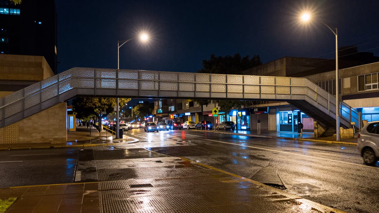 Neon Lit Pedestrian Overpass and Wet Footsteps in Johannesburg at Night in in Johannesburg, South Africa
