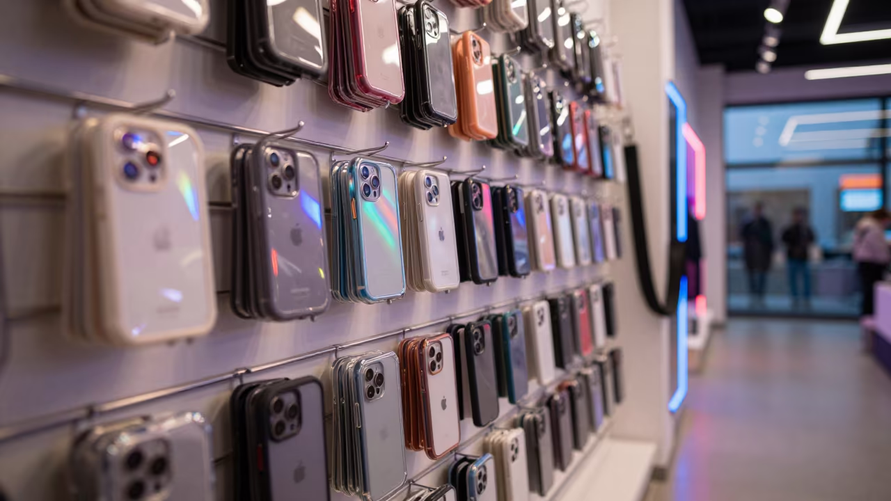 Neon Lit Phone Accessories at Twilight in inside a fitting room corridor in Obninsk
