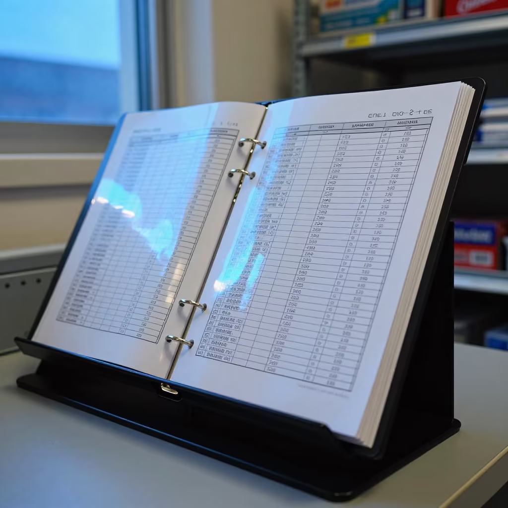 Neon Lit Planogram Binder in Stockroom in inside a stockroom behind the sales floor near Salem