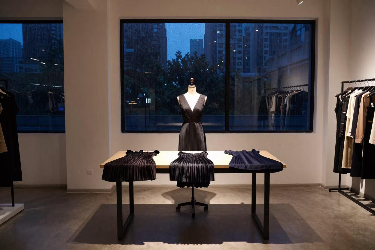 Neon Lit Pleated Dresses in Guangzhou Studio in inside a minimalist showroom in Guangzhou