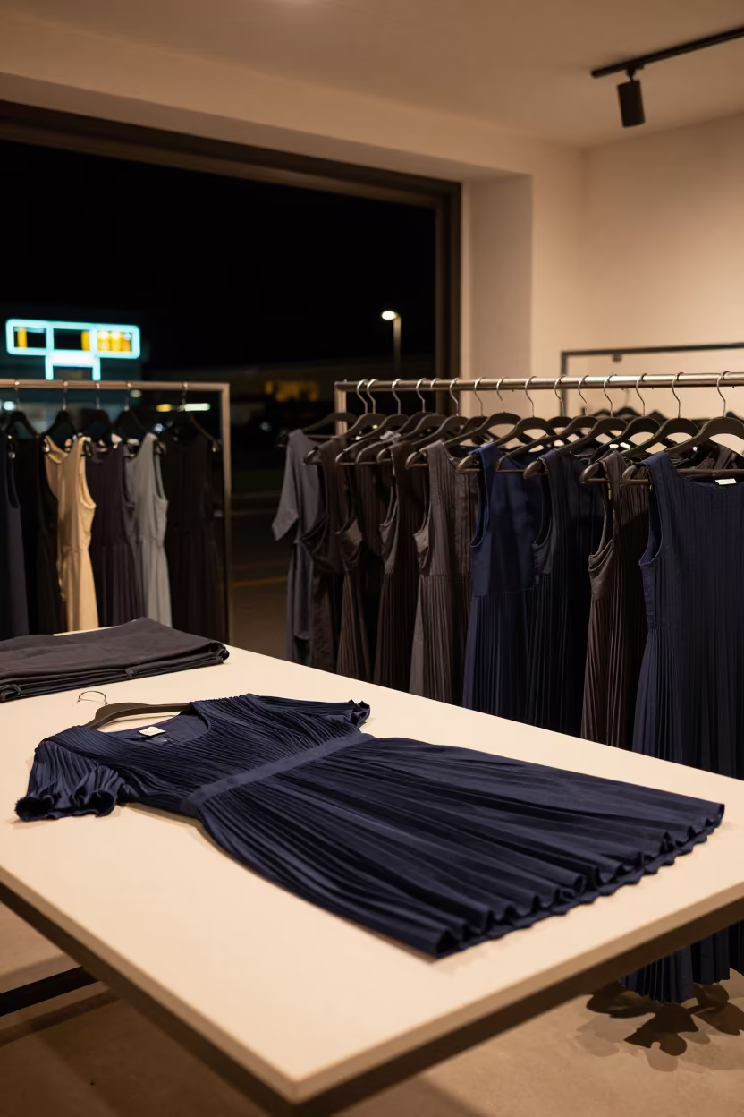 Neon Lit Pleated Dresses Mombasa Tailor in inside a minimalist showroom in Mombasa