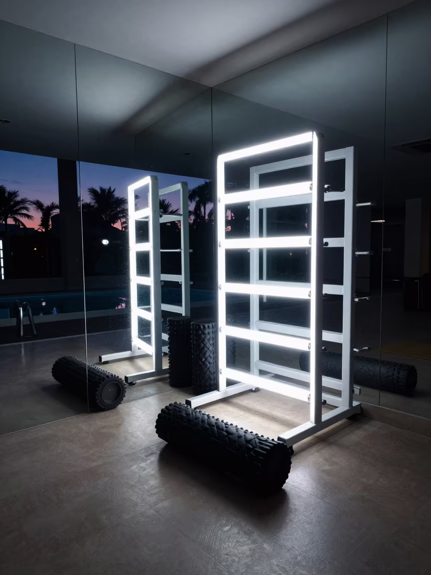 Neon Lit Rack Before Dawn in Santiago Recovery Lounge in inside a recovery lounge beside foam rollers in Santiago de los Caballeros