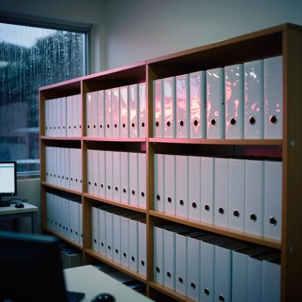 Neon Lit Reference Library Shelf Operations Center in in an operations center under monitor glow in Bucaramanga