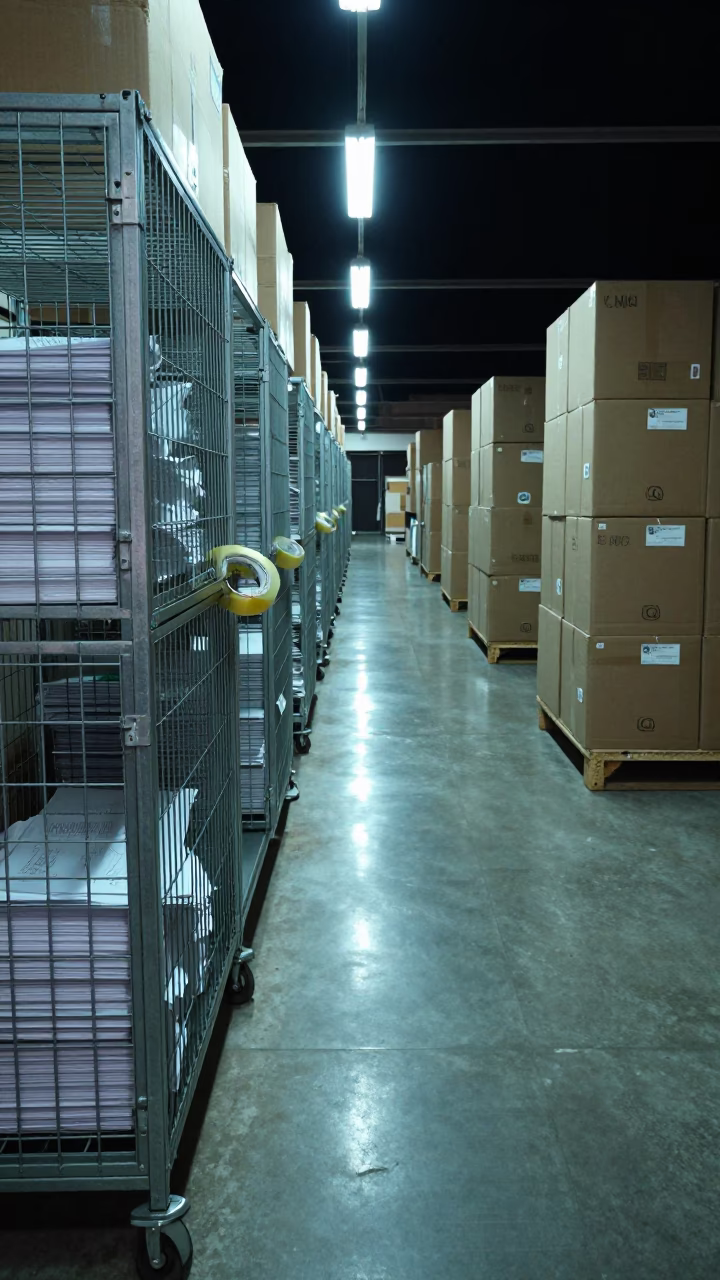 Neon Lit Returns Cage Aleppo Midnight Warehouse in at a fulfillment packing station in Aleppo