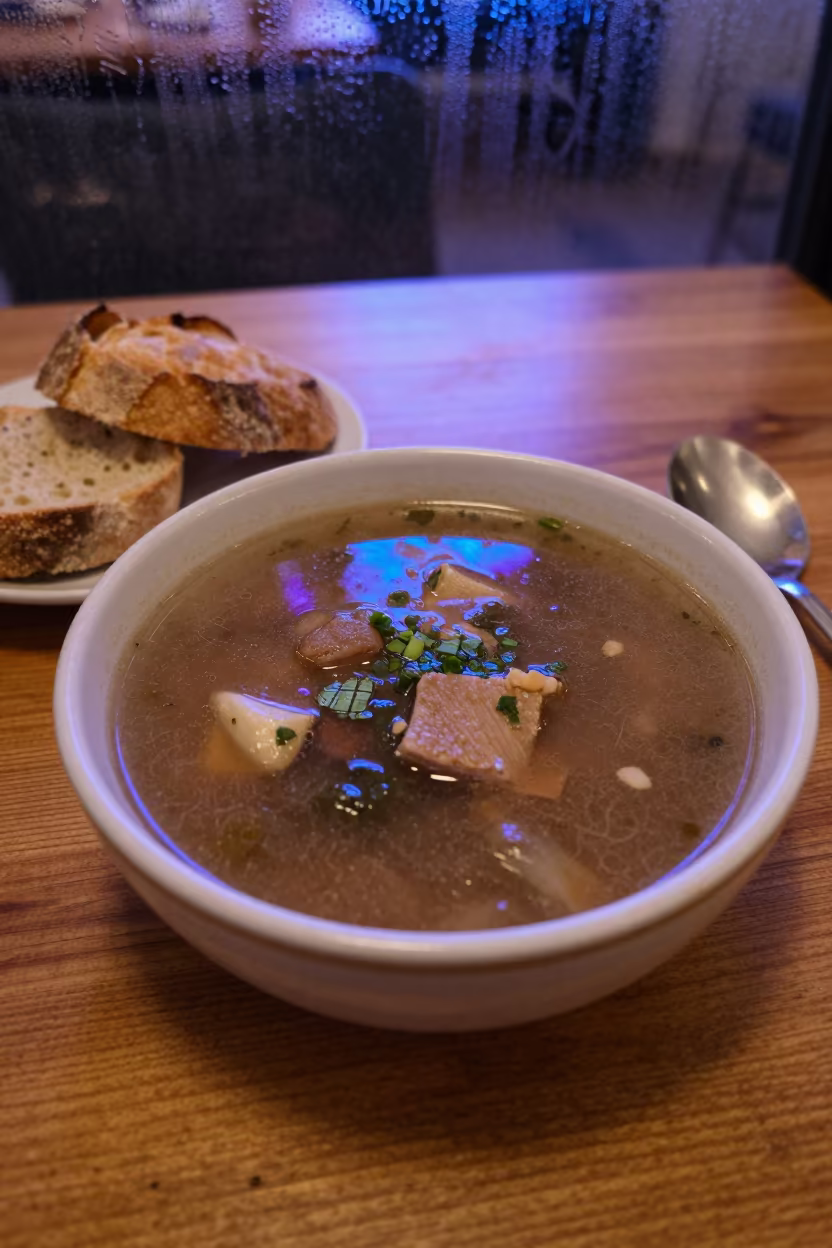 Neon Lit Ribollita Soup with Bread in Nador in on a small dining table by a window in Nador