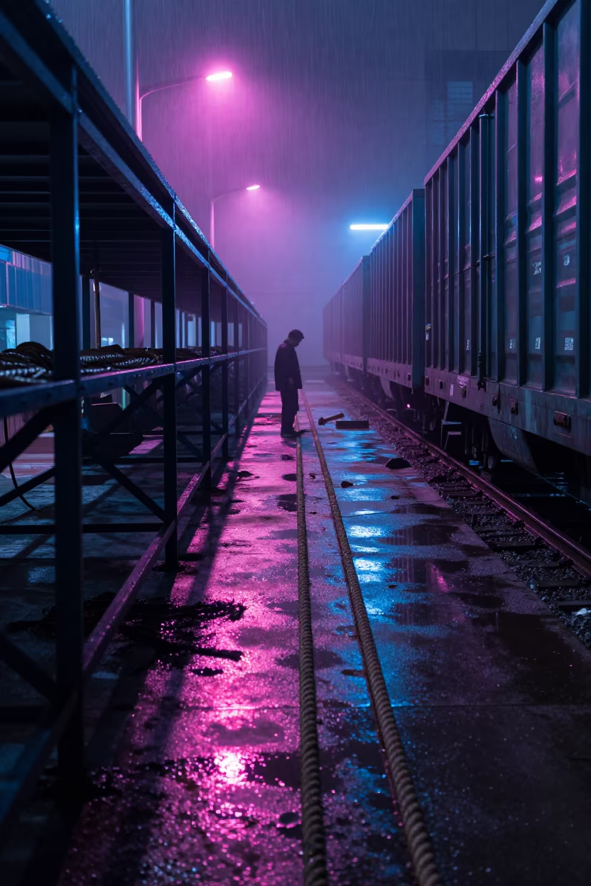 Neon-lit Rope Factory at Changsha Rail Yard in at a rail yard near Changsha