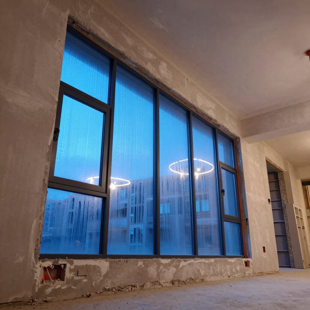 Neon-Lit Rough-In Wall Zakho Lobby Evening in inside a half-built lobby in Zakho