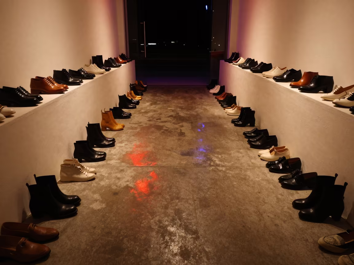 Neon Lit Runway Shoes in Luena Showroom in inside a minimalist showroom in Luena