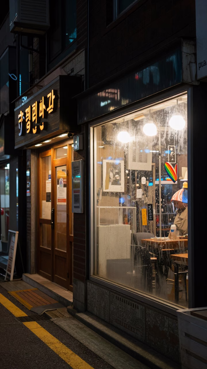 Neon Lit Seoul Night Street Scene with Vintage Shop Display and Condensation in in Seoul, South Korea