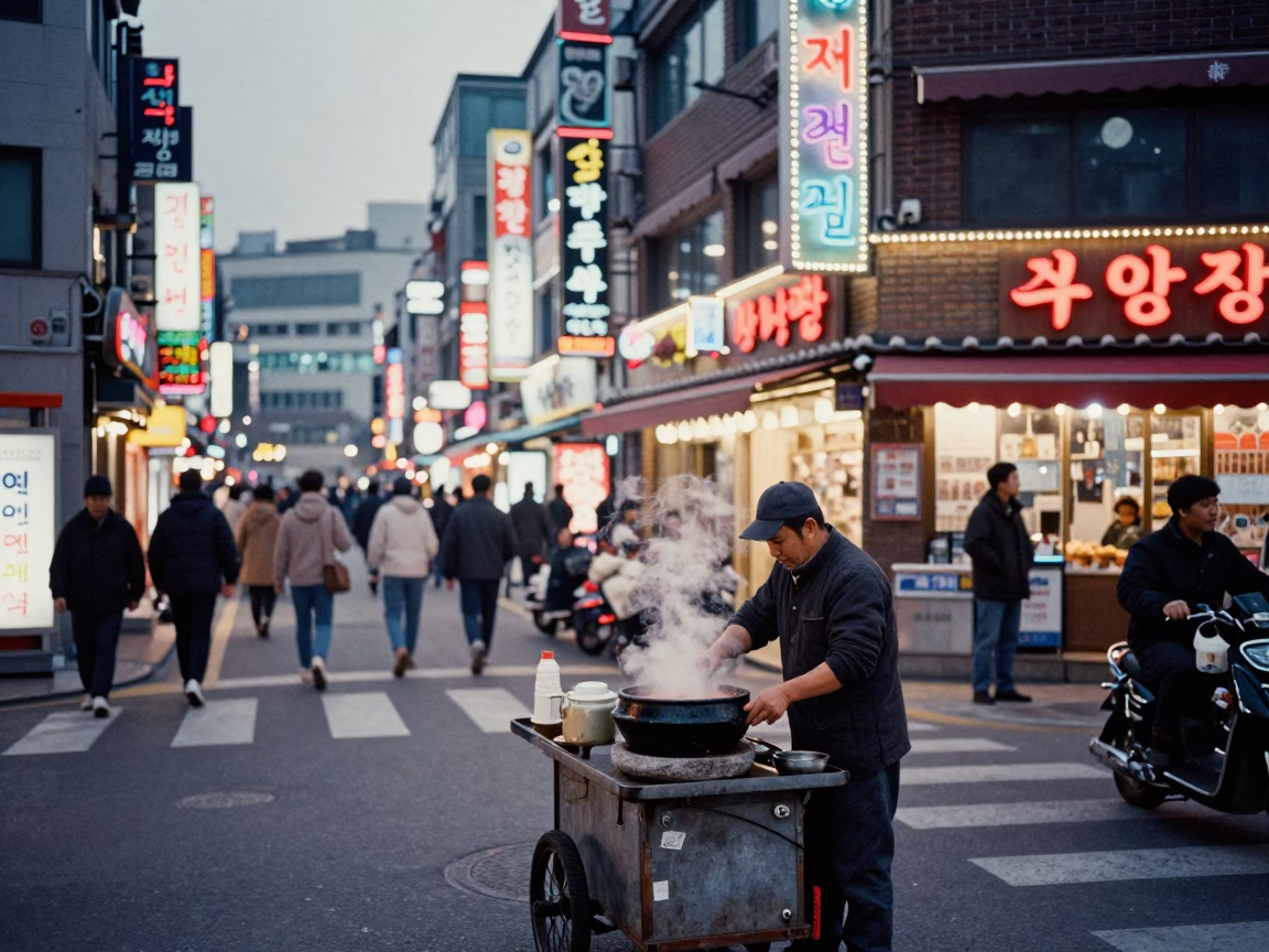 Neon Lit Seoul Street Scene with Traditional Stone Pot Mapo Tofu and City Lights in in Seoul, South Korea