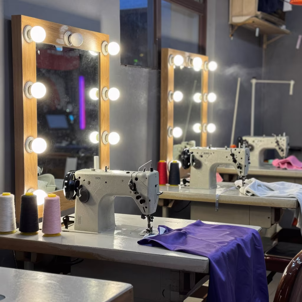 Neon Lit Sewing Station Before Dawn in Coimbatore in beside a mirror lined with makeup bulbs near Coimbatore