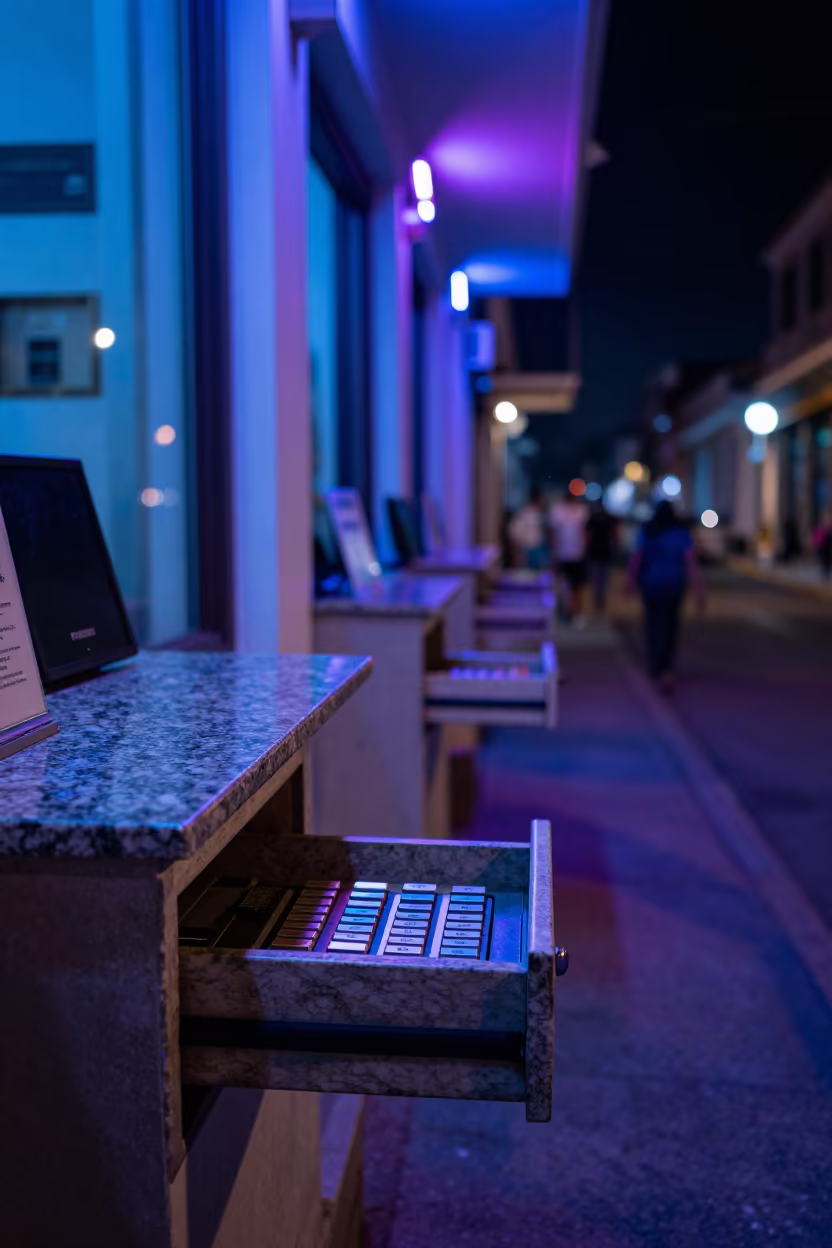 Neon Lit SIM Drawer in Cartagena Store Before Opening in inside a storefront prepared for opening in Cartagena