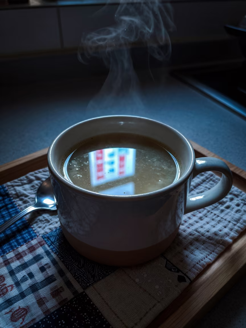 Neon Lit Soup Bowl on Quilt in Wuhan Kitchen in in a cozy kitchen near Wuhan