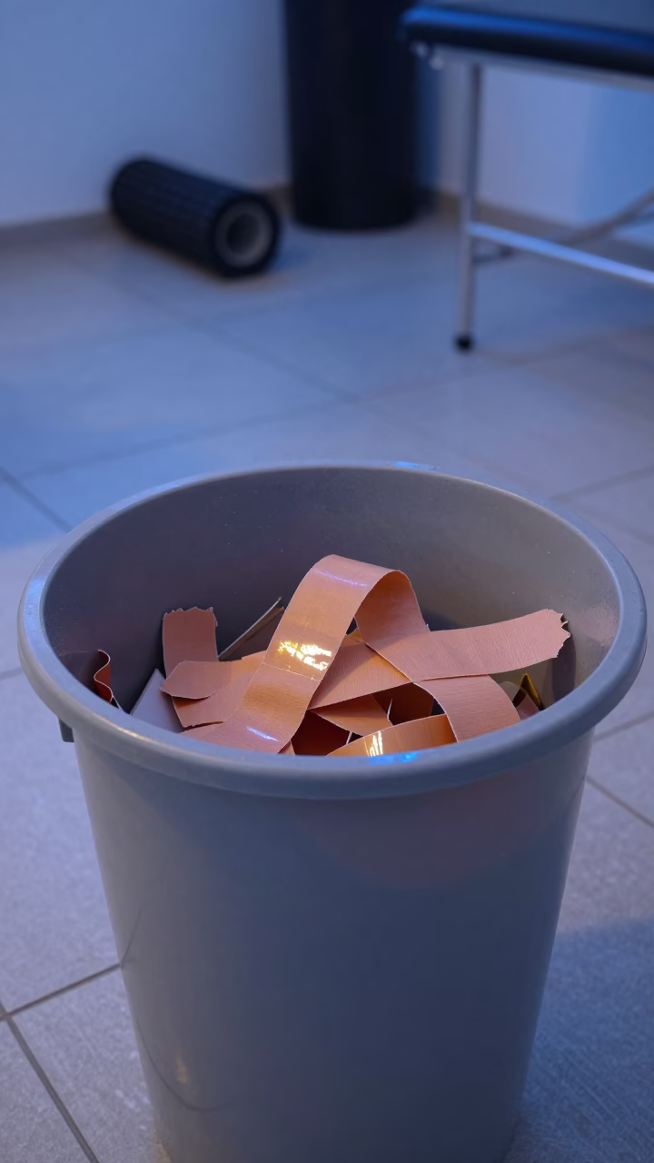 Neon Lit Sport Tape Scrap Bin in Recovery Lounge in inside a recovery lounge beside foam rollers in Santiago de los Caballeros