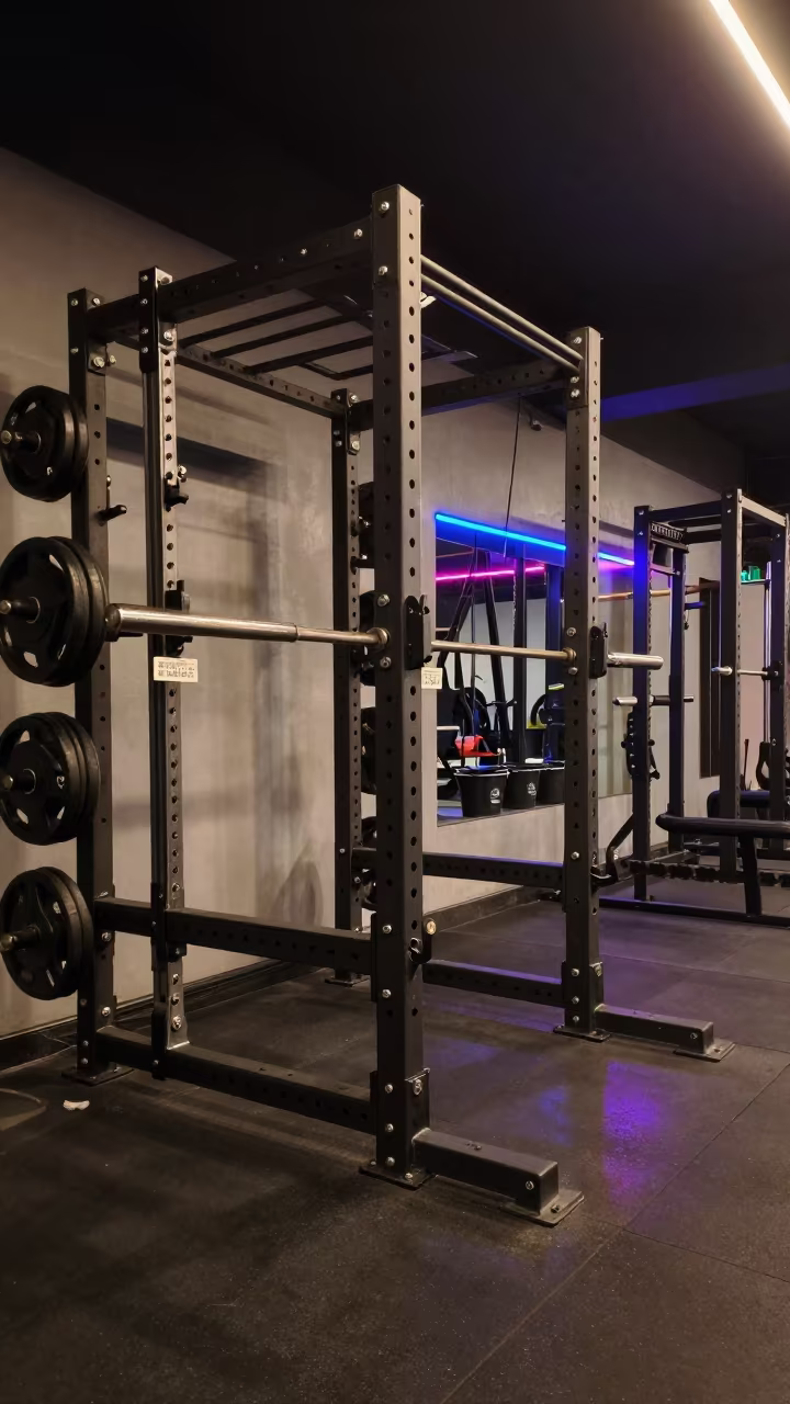 Neon Lit Squat Rack Bay in Autumn in beside a squat rack row before the rush in Bhagalpur