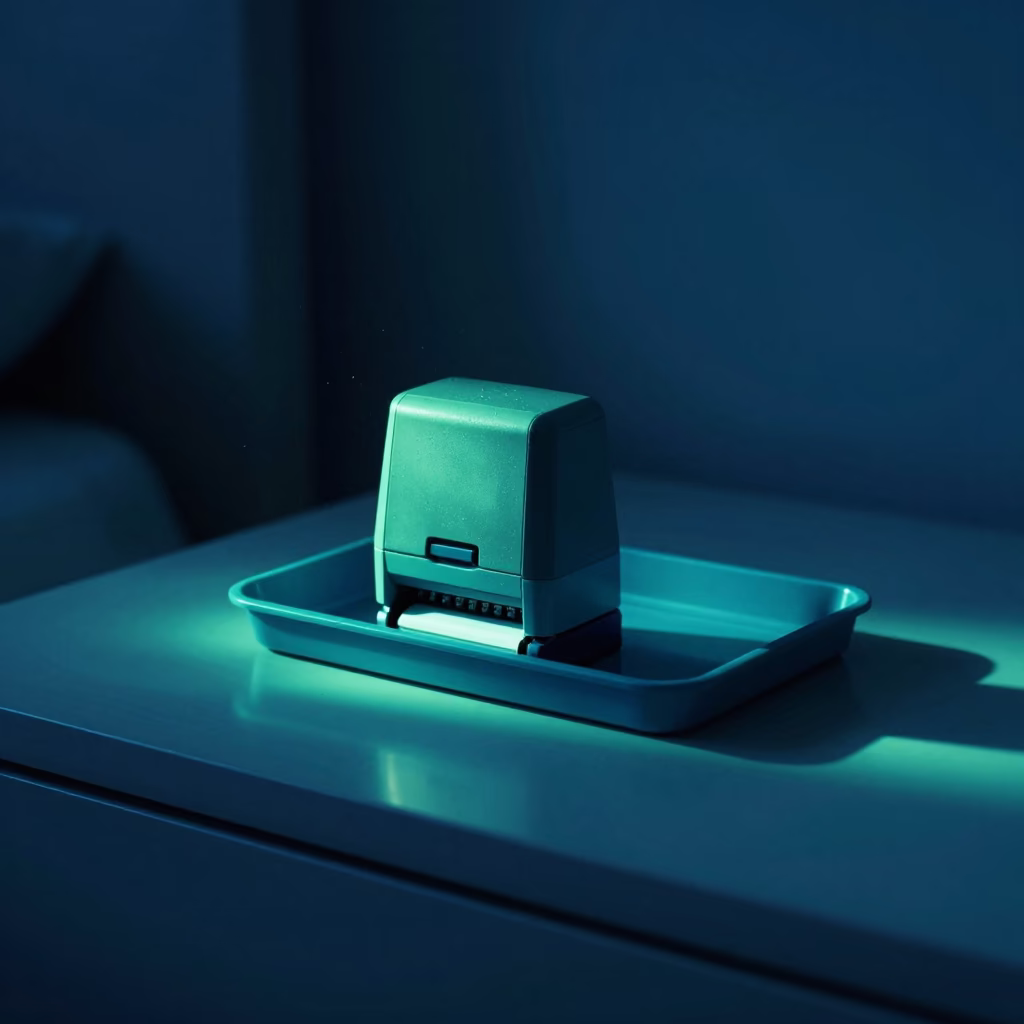 Neon Lit Stamp Tray Night Potsdam in on a bedside table in Potsdam