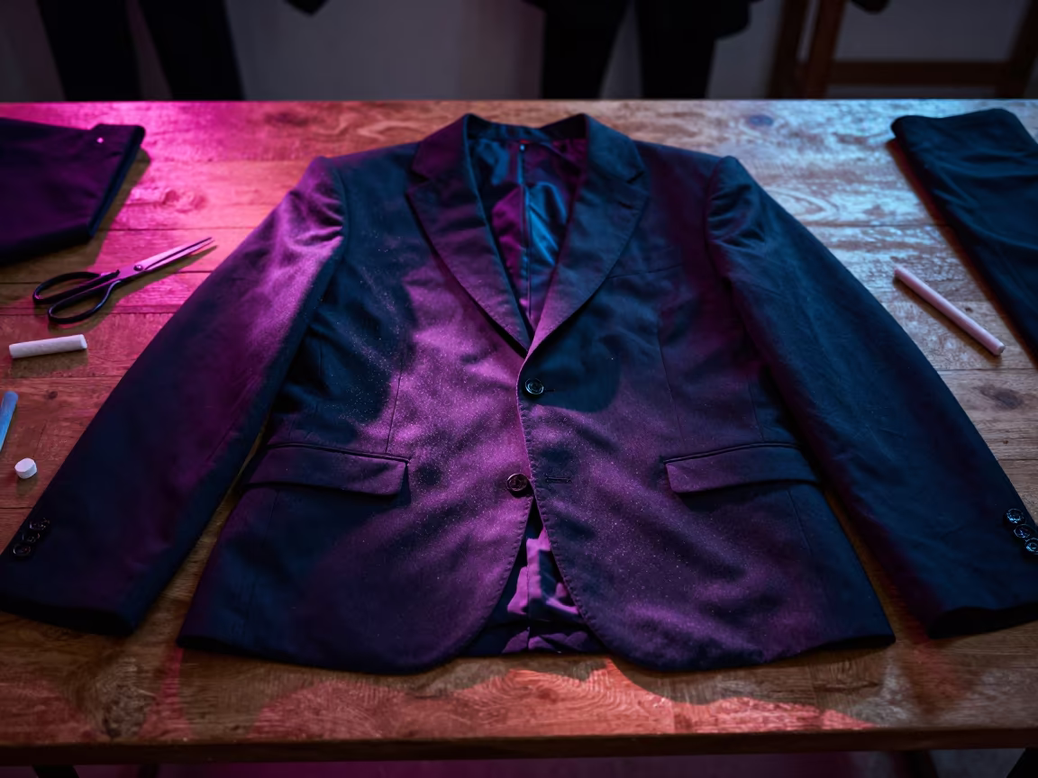 Neon Lit Suiting Fabric on Tailor Table Kinshasa in at a tailoring table strewn with chalk and shears in Kinshasa