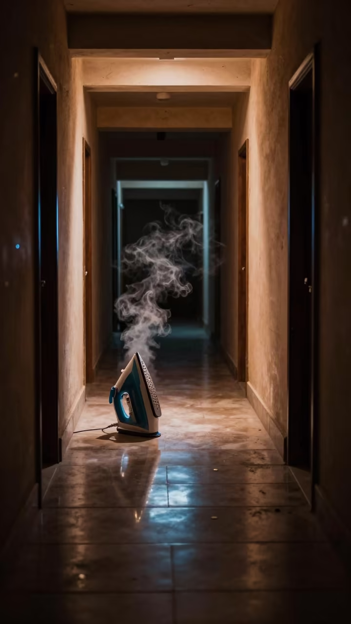 Neon Lit Tailor Ironing Charcoal Sleeve in in a backstage changing corridor near Ahvaz