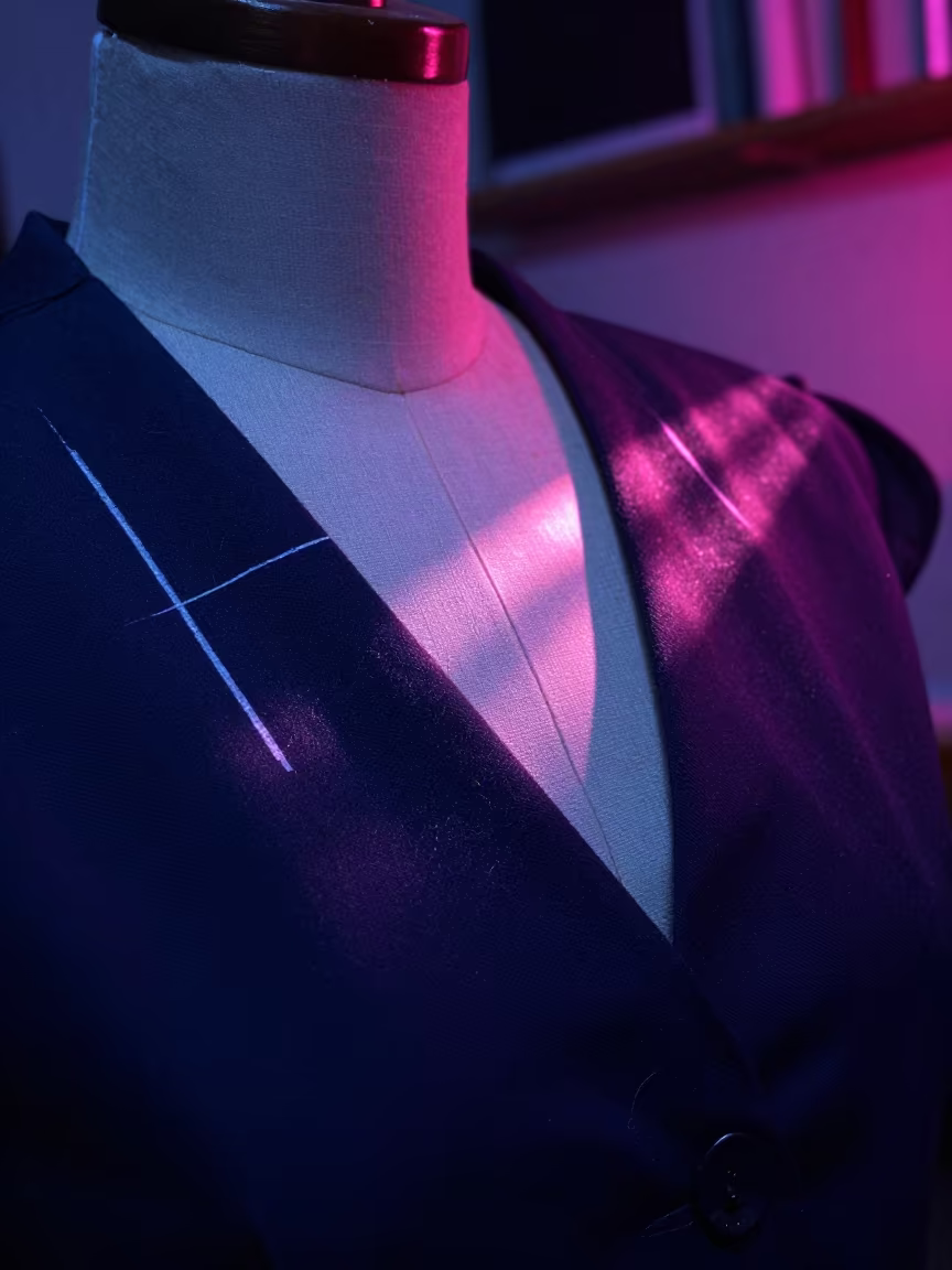 Neon-Lit Tailor Lapel in Medellin Atelier in inside a couture atelier in Comuna 13, Medellin