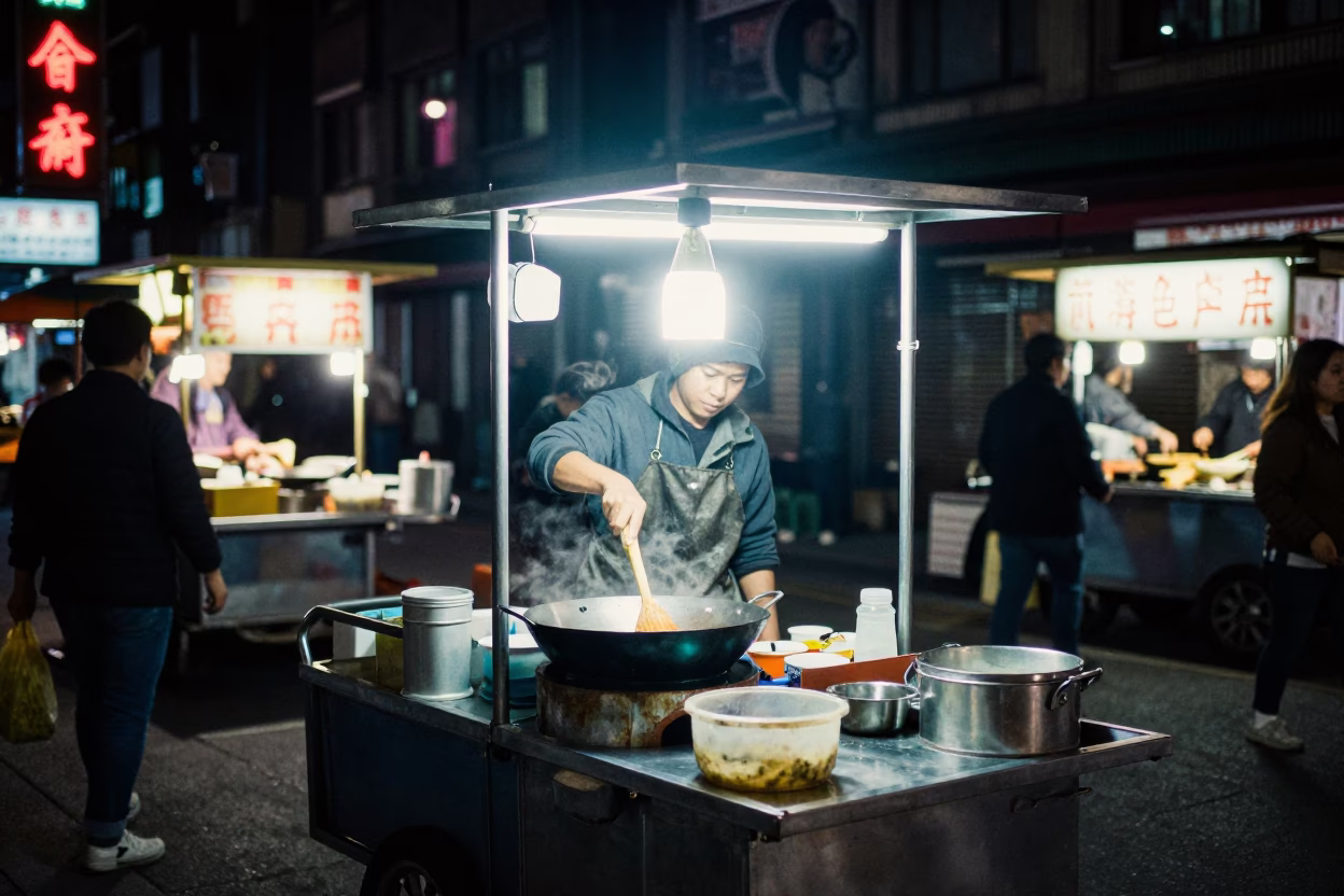 Neon Lit Taipei Night Street Food Vendor with Cargo Bicycle and Urban Atmosphere in in Taipei, Taiwan