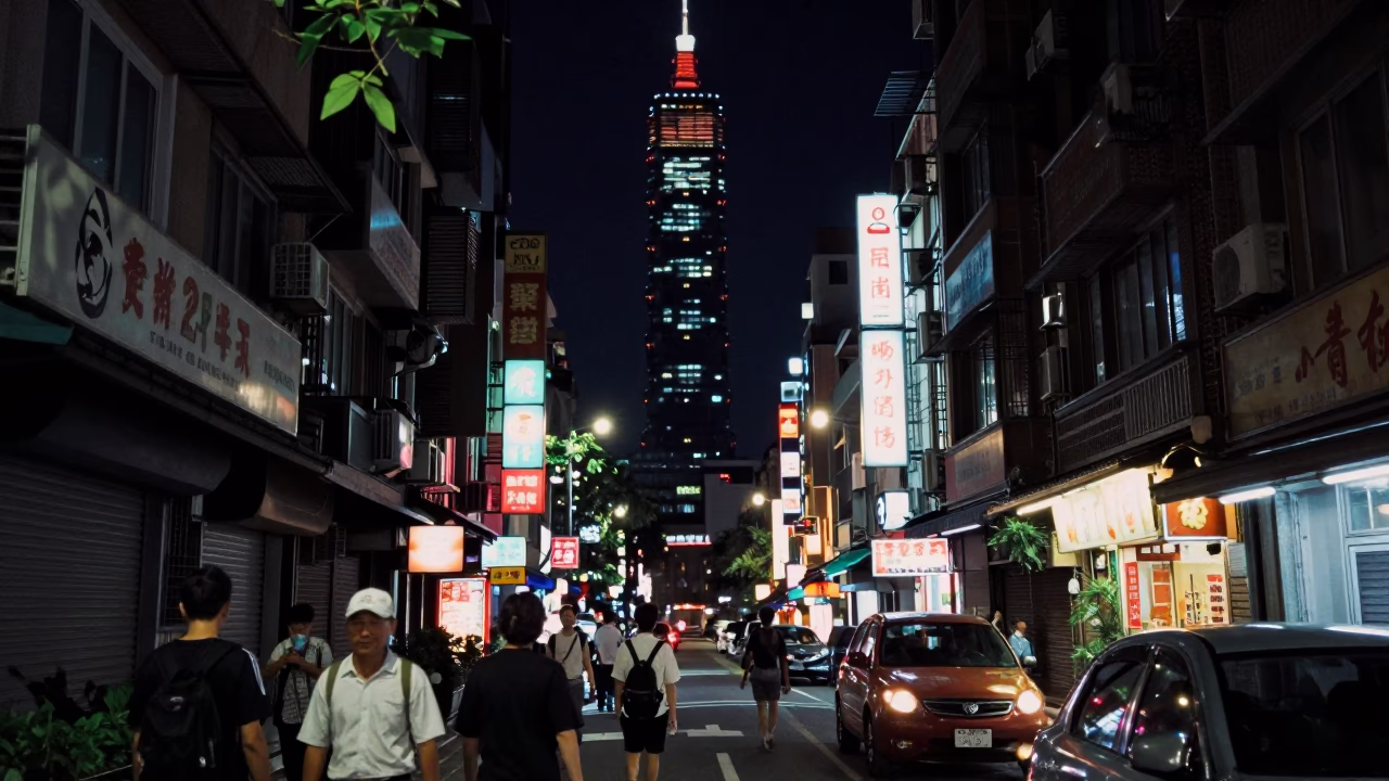 Neon Lit Taipei Night Street Scene with Leaf Shadows and Urban Architecture in in Taipei, Taiwan