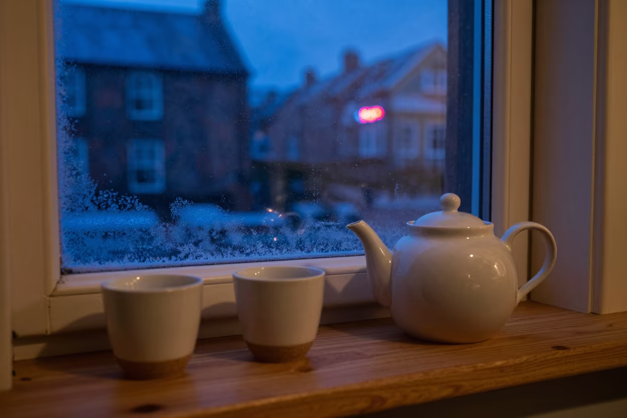 Neon Lit Teapot on Dundee Winter Window Seat in on a window seat in Dundee