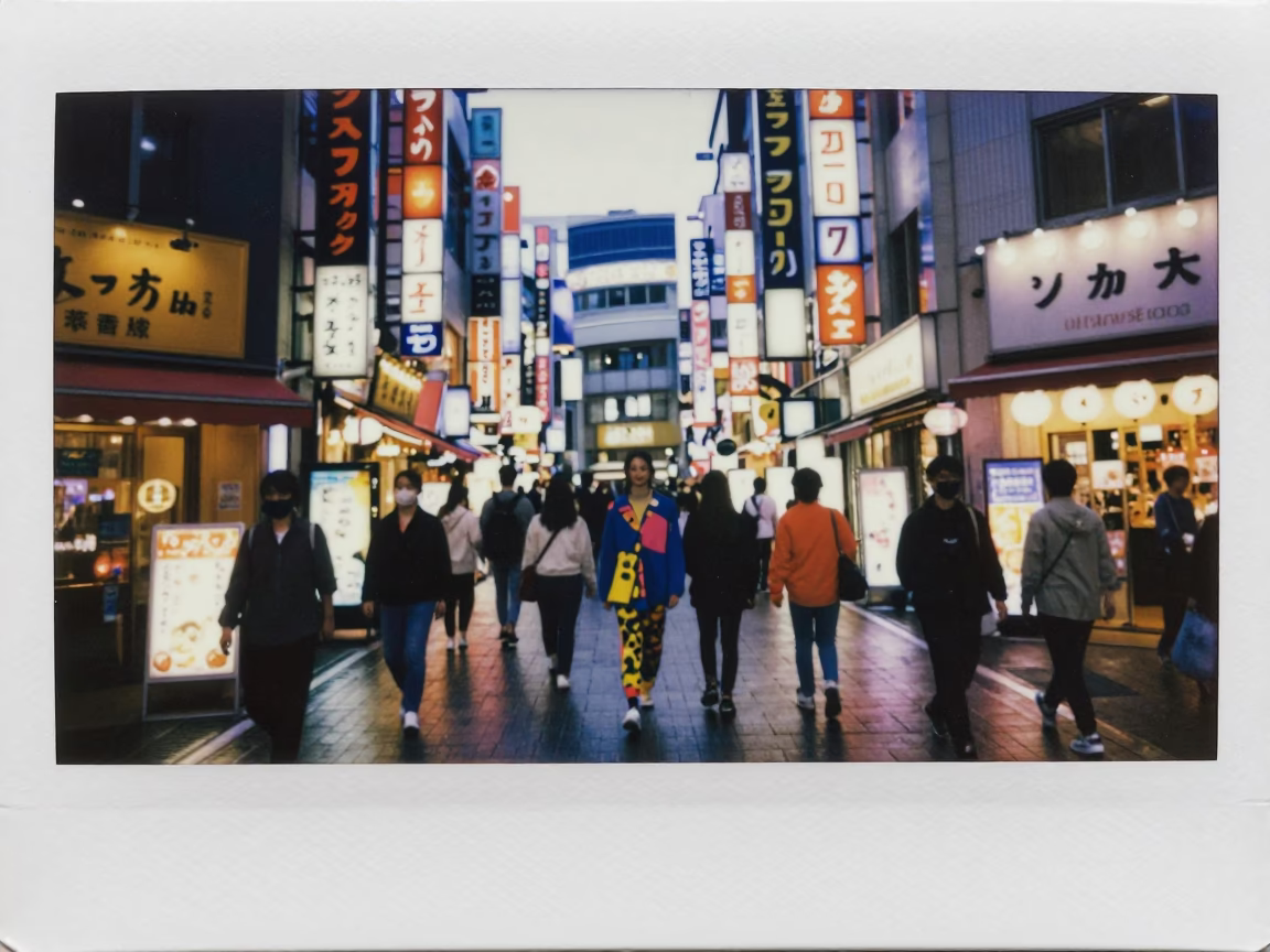Neon Lit Tokyo Street Evening with Vibrant Colorful Fashion and Urban Details in in Tokyo, Japan