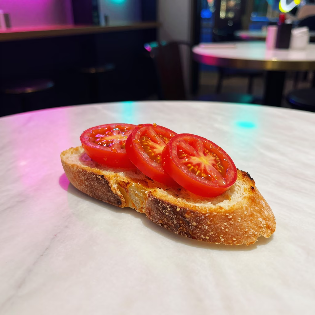 Neon Lit Tomato Bruschetta on Tokyo Marble in on a marble cafe table in Tokyo