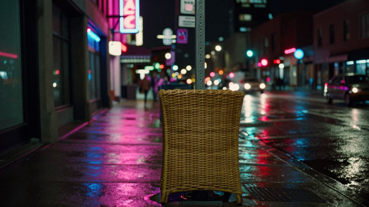 Neon-lit Toronto street corner at night featuring a wicker hamper and hand broom in in Toronto, Ontario, Canada