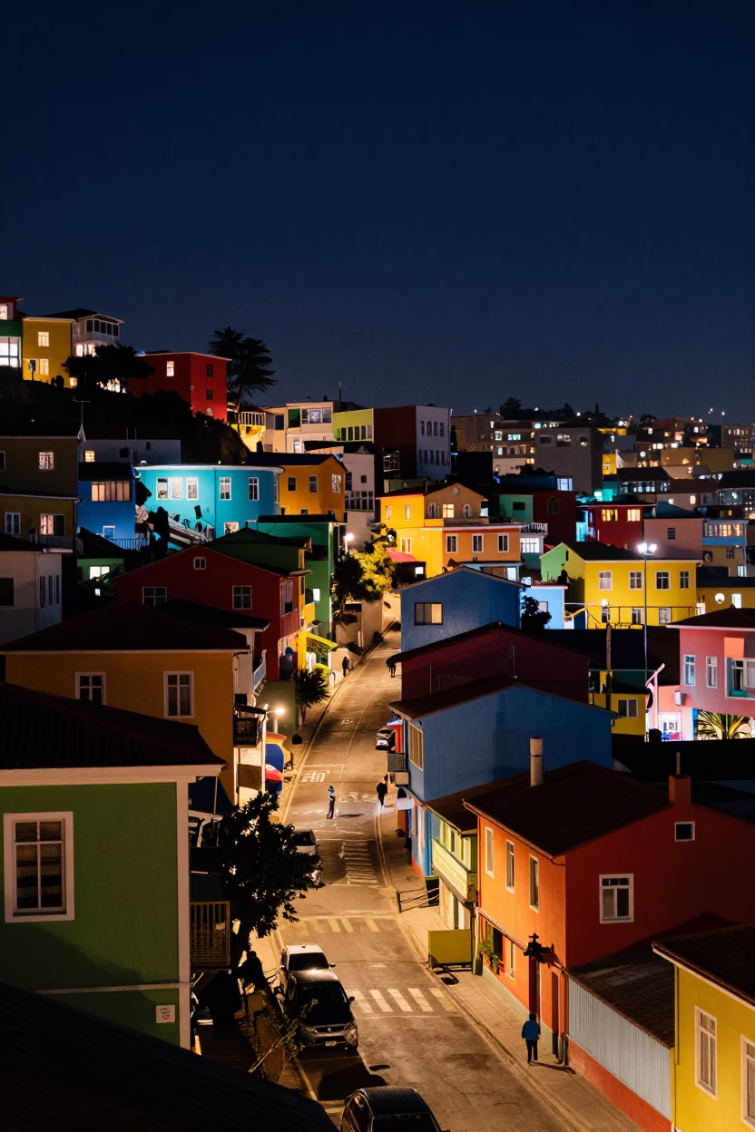 Neon Lit Valparaiso Night Scene with Colorful Architecture and Street Life in in Valparaiso, Chile