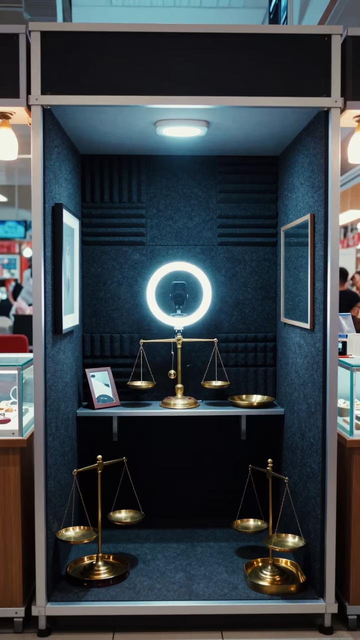 Neon Lit Video Booth in Singapore Jeweler Stall in inside a jeweler's stall with brass scales and trays in Singapore