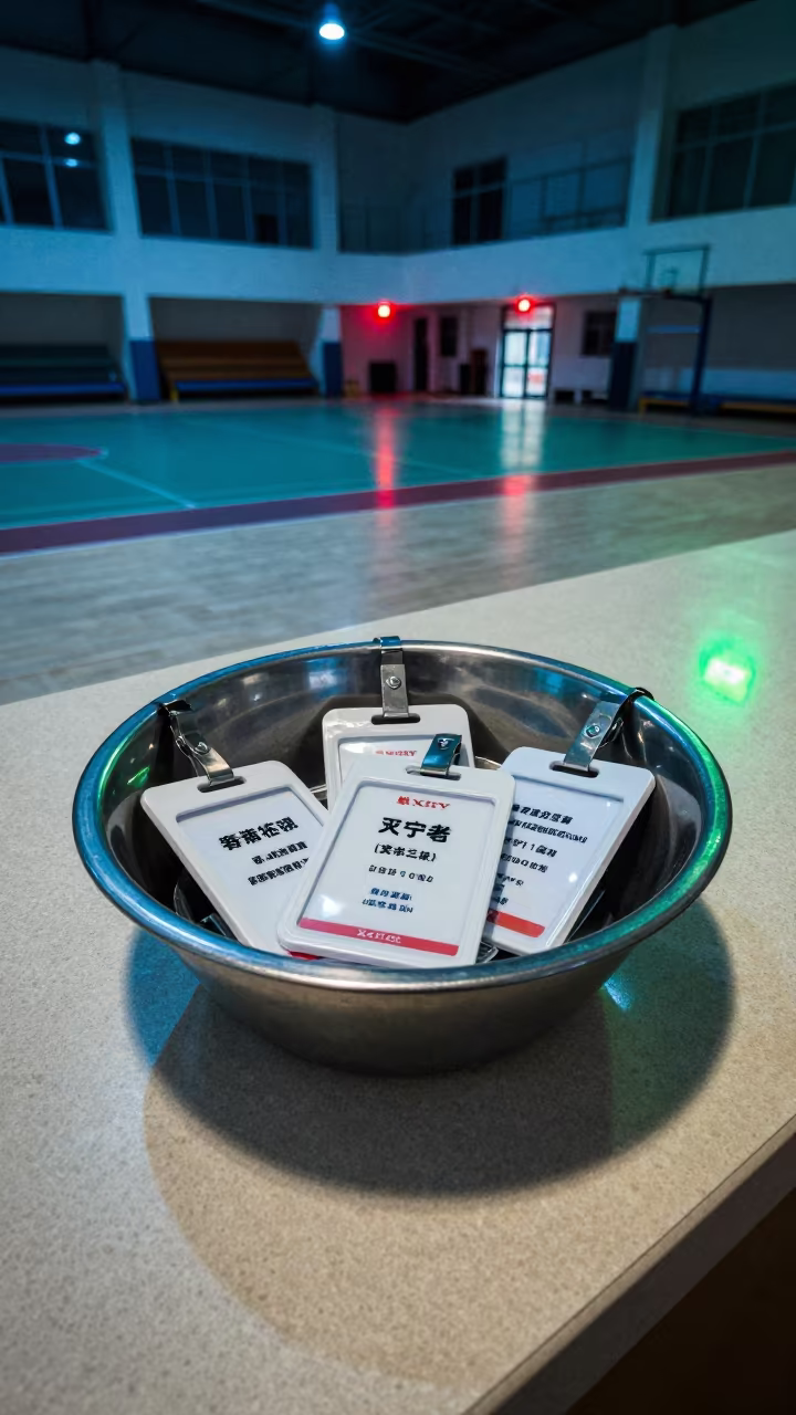 Neon Lit Visitor Badges in Xining Polling Station in inside a polling station gymnasium in Xining