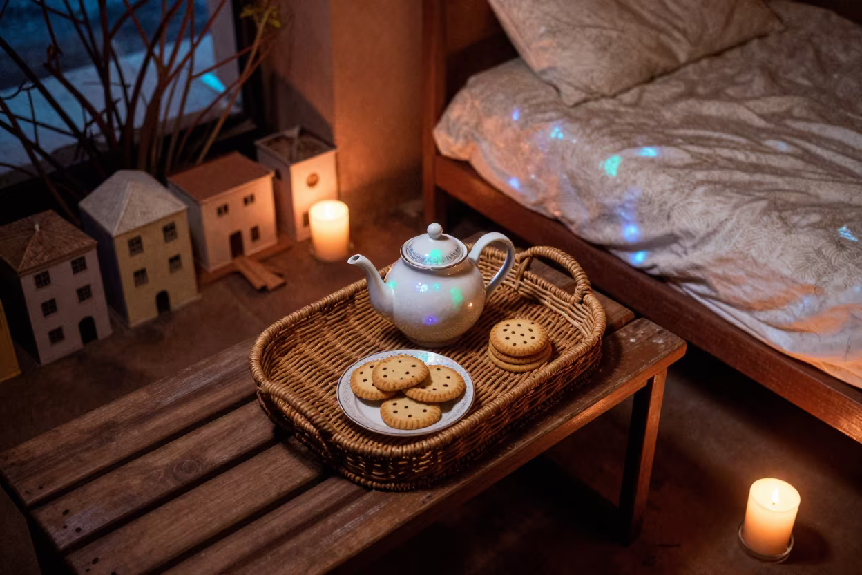 Neon Lit Wicker Tray with Tiny Buildings in in a candlelit bedroom near Marrakesh
