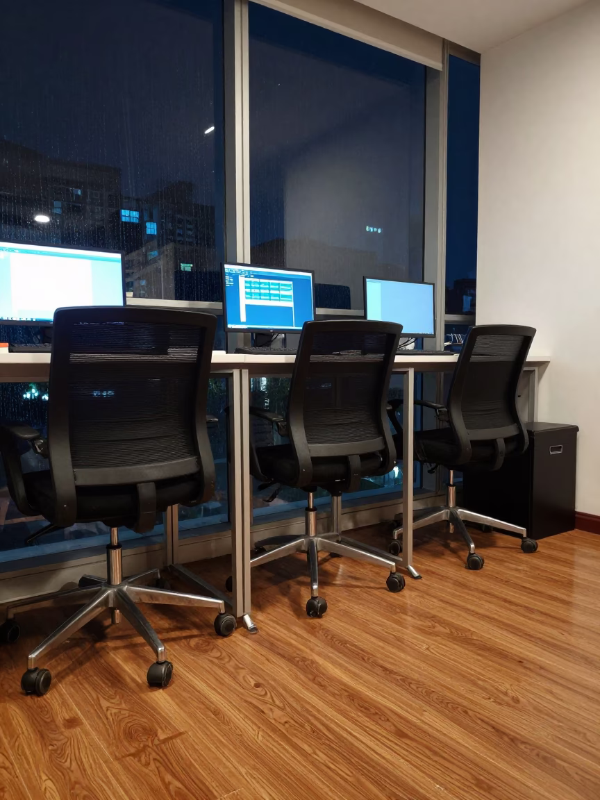 Neon Lit Workspace Stool Rack in Thao Dien Office in in an operations center under monitor glow in Thao Dien, Ho Chi Minh City