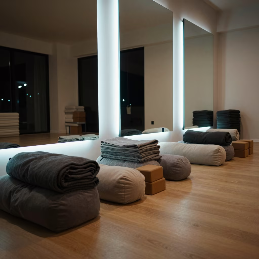 Neon Lit Yoga Studio Midnight Bolster Stacks in inside a barre room under soft morning light in Veraval