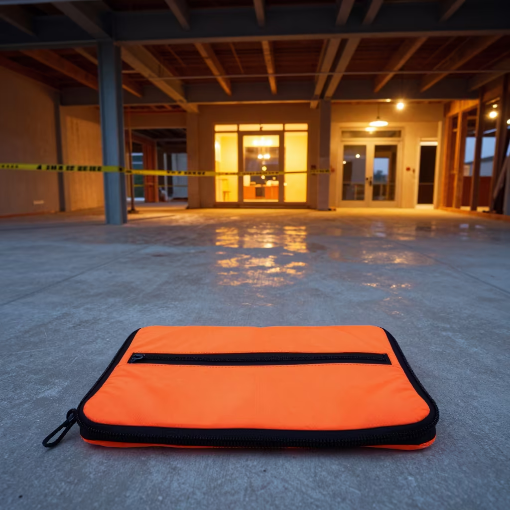 Neon-lit Zipper Patch Kit in Pennsylvania Lobby in inside a half-built lobby in Pennsylvania
