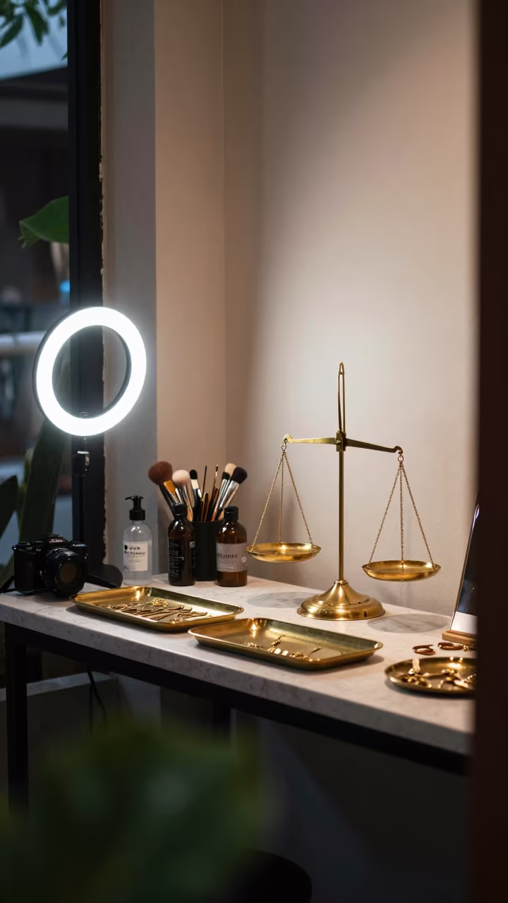 Neon Makeup Corner in Araure Jewelry Stall in inside a jeweler's stall with brass scales and trays in Araure
